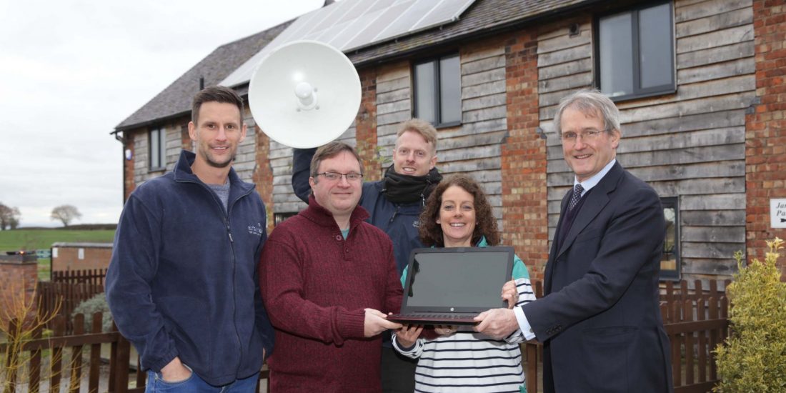 MP for North Shropshire, Owen Paterson with Alkington Grange owners James and Emma Blantern, and Airband engineers James McTiffen and Edd Brown
