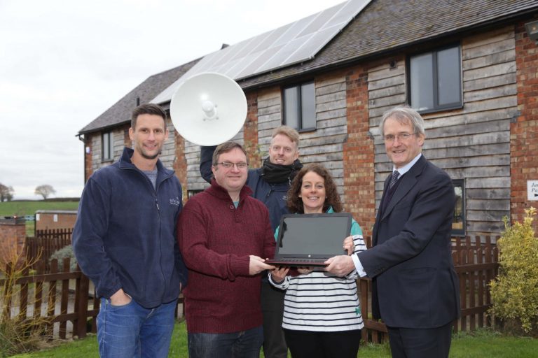 MP for North Shropshire, Owen Paterson with Alkington Grange owners James and Emma Blantern, and Airband engineers James McTiffen and Edd Brown