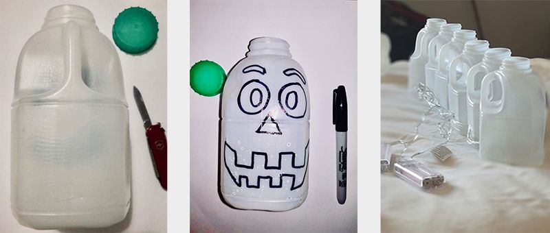 3 images showing the steps to design your own DIY home made halloween lanterns from plastic milk cartons