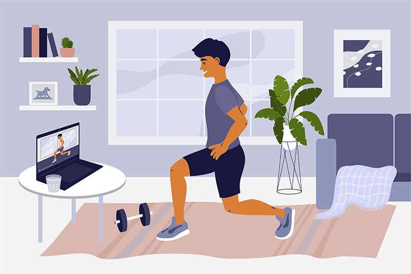 Illustration of man exercising at home with laptop to keep fit