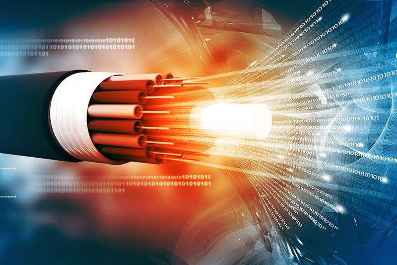 3D illustration of optical fiber cable with binary cods