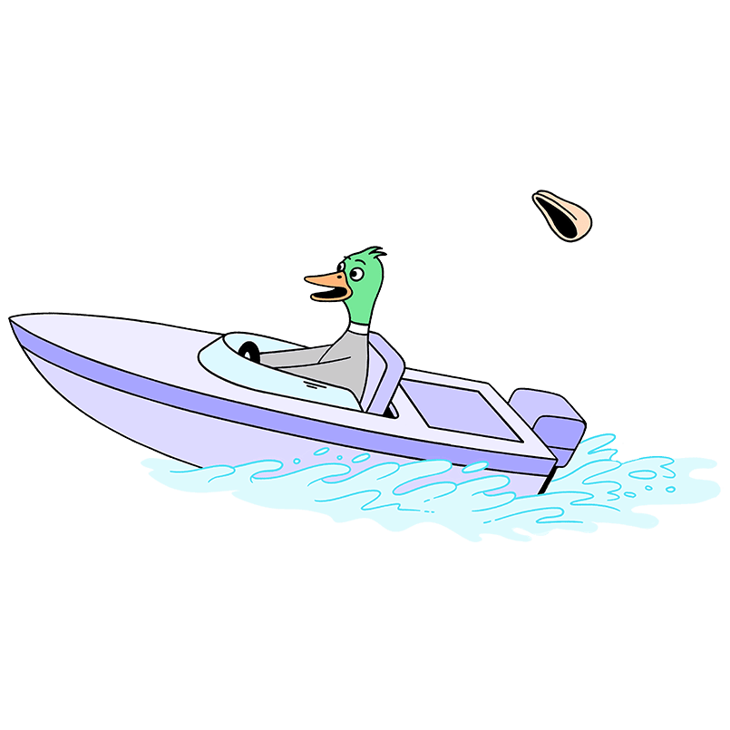 Airband duck driving a speedboat