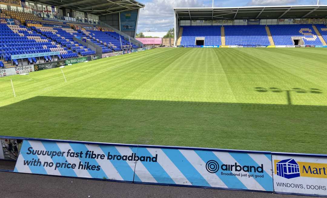 The view of the Shrewsbury Town FC pitch from the Airband family stand.