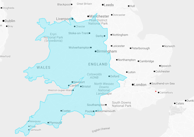 A map of the UK depicting where our broadband network covers (Wales, South West, Midlands and North West England)