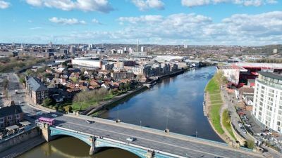 An aerial view of the River Trent going through Nottingham