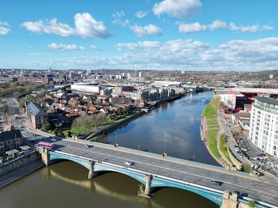 An aerial view of the River Trent going through Nottingham